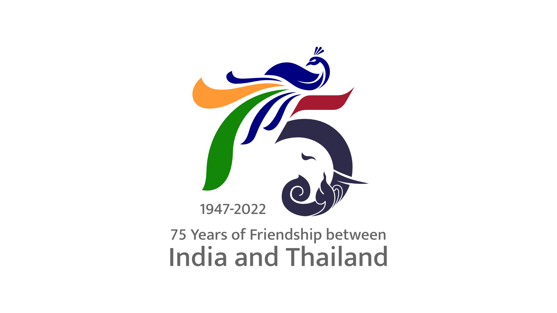 75 years of India and Thailand Diplomatic Relations. Creating a logo for this one was quite challenging at the same time exciting.
The logo contains 2 main elements which are the national symbols of the respected countries. The national bird of India which is a peacock and the national animal of Thailand which is the Elephant. Seven and Five forming the number 75 are used to subtly portray the essence and the mutual bond between the two nations. Seven is formed by the peacock and the Elephant takes the shape of figure Five. The amalgamation of these two illustrations symbolizes the 75 years of friendship between the two countries.The colours used are inspired from the National flags of the countries. Overall this logo is created to figuratively, symbolically and visually embed a sense of the multidimensional relationship between India and Thailand.